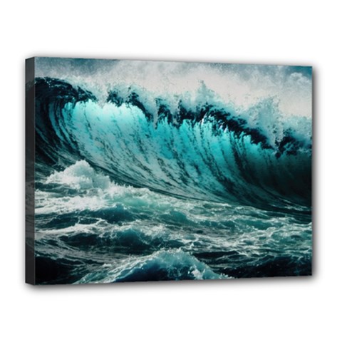 Tsunami Waves Ocean Sea Nautical Nature Water Blue Black Canvas 16  X 12  (stretched)