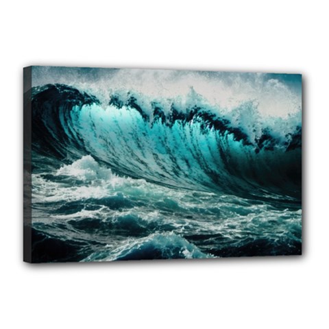 Tsunami Waves Ocean Sea Nautical Nature Water Blue Black Canvas 18  X 12  (stretched) by Jancukart