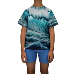 Tsunami Waves Ocean Sea Nautical Nature Water Blue Black Kids  Short Sleeve Swimwear