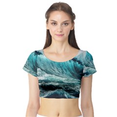 Tsunami Waves Ocean Sea Nautical Nature Water Blue Black Short Sleeve Crop Top by Jancukart