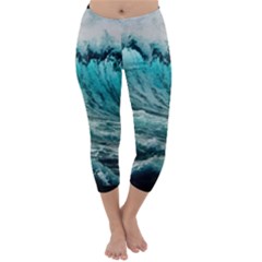 Tsunami Waves Ocean Sea Nautical Nature Water Blue Black Capri Winter Leggings 