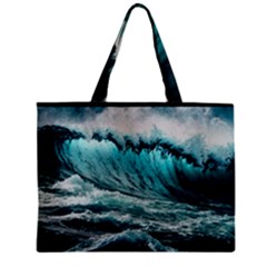 Tsunami Waves Ocean Sea Nautical Nature Water Blue Black Zipper Mini Tote Bag by Jancukart