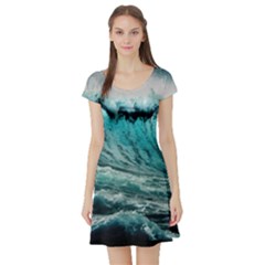 Tsunami Waves Ocean Sea Nautical Nature Water Blue Black Short Sleeve Skater Dress by Jancukart