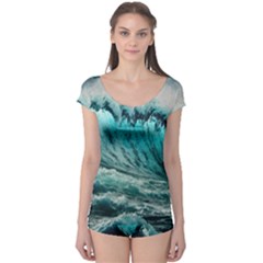 Tsunami Waves Ocean Sea Nautical Nature Water Blue Black Boyleg Leotard  by Jancukart