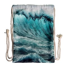 Tsunami Waves Ocean Sea Nautical Nature Water Blue Black Drawstring Bag (large)