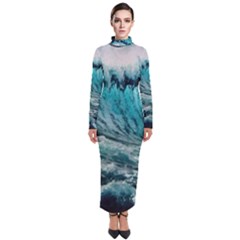 Tsunami Waves Ocean Sea Nautical Nature Water Blue Black Turtleneck Maxi Dress by Jancukart