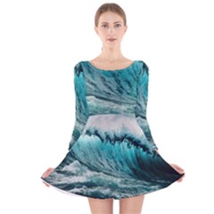 Tsunami Waves Ocean Sea Nautical Nature Water Blue Black Long Sleeve Velvet Skater Dress