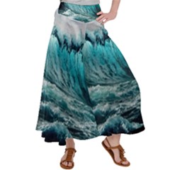 Tsunami Waves Ocean Sea Nautical Nature Water Blue Black Women s Satin Palazzo Pants by Jancukart