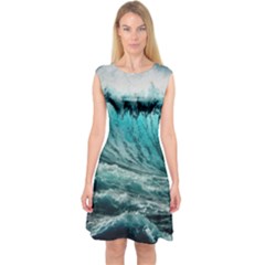 Tsunami Waves Ocean Sea Nautical Nature Water Blue Black Capsleeve Midi Dress by Jancukart