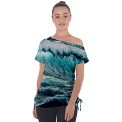 Tsunami Waves Ocean Sea Nautical Nature Water Blue Black Off Shoulder Tie-up Tee