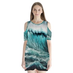 Tsunami Waves Ocean Sea Nautical Nature Water Blue Black Shoulder Cutout Velvet One Piece