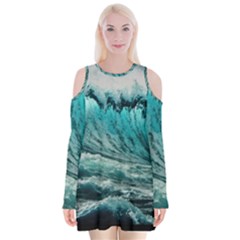 Tsunami Waves Ocean Sea Nautical Nature Water Blue Black Velvet Long Sleeve Shoulder Cutout Dress