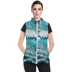 Tsunami Waves Ocean Sea Nautical Nature Water Blue Black Women s Puffer Vest