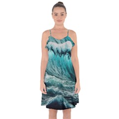 Tsunami Waves Ocean Sea Nautical Nature Water Blue Black Ruffle Detail Chiffon Dress