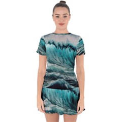 Tsunami Waves Ocean Sea Nautical Nature Water Blue Black Drop Hem Mini Chiffon Dress by Jancukart