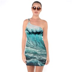 Tsunami Waves Ocean Sea Nautical Nature Water Blue Black One Shoulder Ring Trim Bodycon Dress