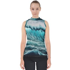 Tsunami Waves Ocean Sea Nautical Nature Water Blue Black Mock Neck Shell Top by Jancukart