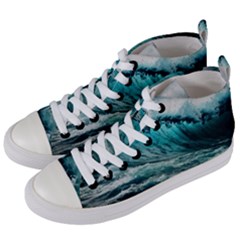 Tsunami Waves Ocean Sea Nautical Nature Water Blue Black Women s Mid-top Canvas Sneakers by Jancukart