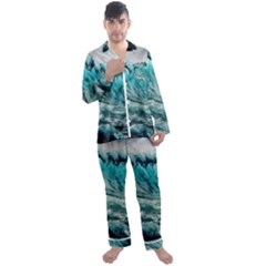 Tsunami Waves Ocean Sea Nautical Nature Water Blue Black Men s Long Sleeve Satin Pajamas Set by Jancukart