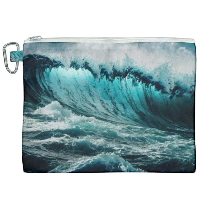 Tsunami Waves Ocean Sea Nautical Nature Water Blue Black Canvas Cosmetic Bag (XXL)