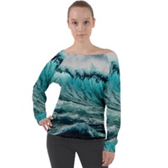 Tsunami Waves Ocean Sea Nautical Nature Water Blue Black Off Shoulder Long Sleeve Velour Top by Jancukart