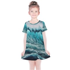 Tsunami Waves Ocean Sea Nautical Nature Water Blue Black Kids  Simple Cotton Dress