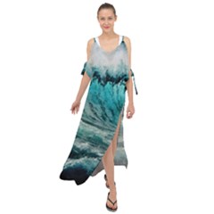 Tsunami Waves Ocean Sea Nautical Nature Water Blue Black Maxi Chiffon Cover Up Dress by Jancukart