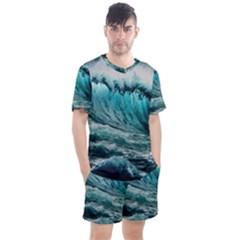 Tsunami Waves Ocean Sea Nautical Nature Water Blue Black Men s Mesh Tee And Shorts Set