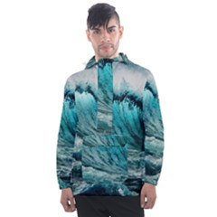 Tsunami Waves Ocean Sea Nautical Nature Water Blue Black Men s Front Pocket Pullover Windbreaker