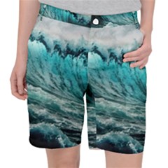 Tsunami Waves Ocean Sea Nautical Nature Water Blue Black Women s Pocket Shorts