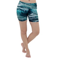 Tsunami Waves Ocean Sea Nautical Nature Water Blue Black Lightweight Velour Yoga Shorts by Jancukart