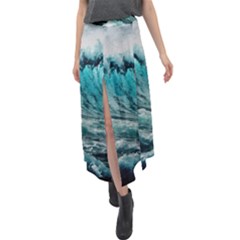 Tsunami Waves Ocean Sea Nautical Nature Water Blue Black Velour Split Maxi Skirt by Jancukart