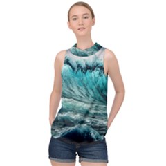 Tsunami Waves Ocean Sea Nautical Nature Water Blue Black High Neck Satin Top by Jancukart