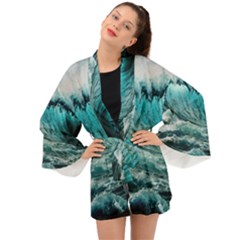 Tsunami Waves Ocean Sea Nautical Nature Water Blue Black Long Sleeve Kimono by Jancukart