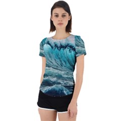 Tsunami Waves Ocean Sea Nautical Nature Water Blue Black Back Cut Out Sport Tee by Jancukart