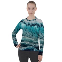 Tsunami Waves Ocean Sea Nautical Nature Water Blue Black Women s Pique Long Sleeve Tee