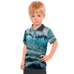 Tsunami Waves Ocean Sea Nautical Nature Water Blue Black Kids  Polo Tee