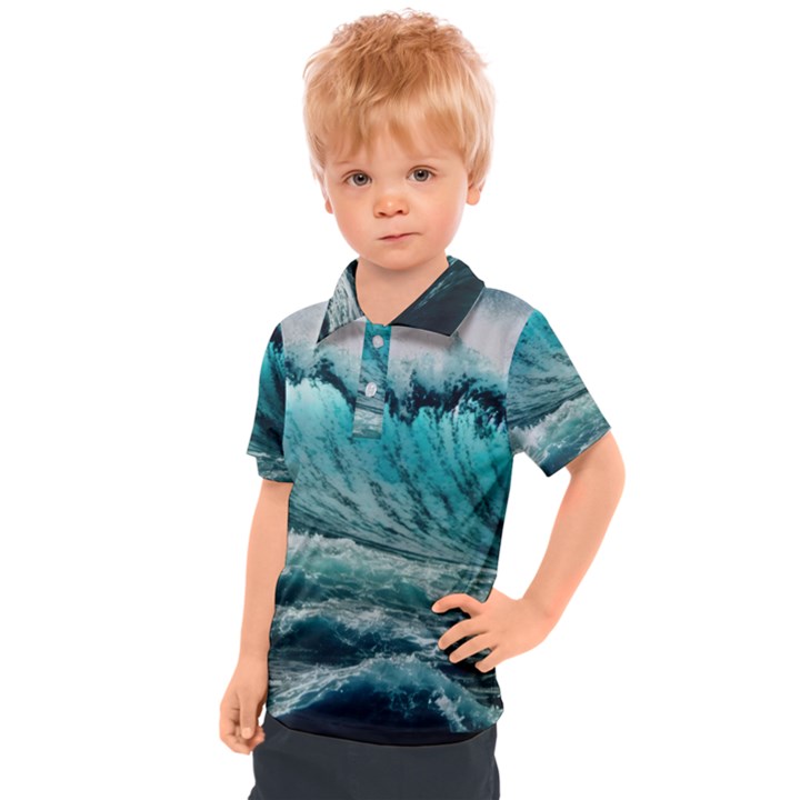 Tsunami Waves Ocean Sea Nautical Nature Water Blue Black Kids  Polo Tee