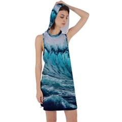 Tsunami Waves Ocean Sea Nautical Nature Water Blue Black Racer Back Hoodie Dress by Jancukart