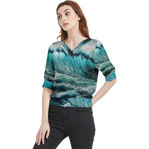 Tsunami Waves Ocean Sea Nautical Nature Water Blue Black Quarter Sleeve Blouse by Jancukart