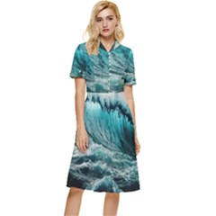 Tsunami Waves Ocean Sea Nautical Nature Water Blue Black Button Top Knee Length Dress by Jancukart