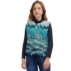 Tsunami Waves Ocean Sea Nautical Nature Water Blue Black Kid s Short Button Up Puffer Vest	