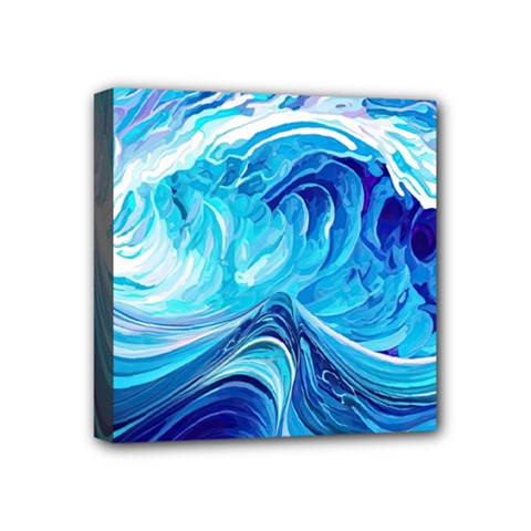 Tsunami Waves Ocean Sea Nautical Nature Abstract Blue Water Mini Canvas 4  X 4  (stretched)