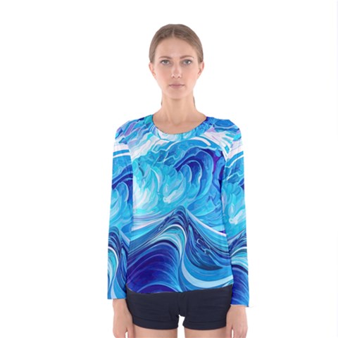 Tsunami Waves Ocean Sea Nautical Nature Abstract Blue Water Women s Long Sleeve Tee by Jancukart