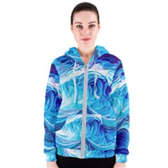 Tsunami Waves Ocean Sea Nautical Nature Abstract Blue Water Women s Zipper Hoodie