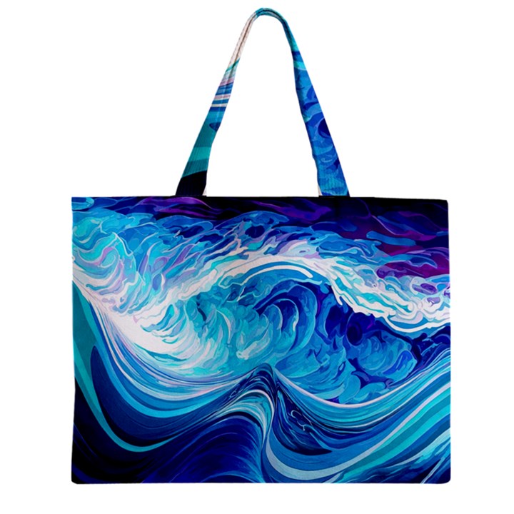 Tsunami Waves Ocean Sea Nautical Nature Abstract Blue Water Zipper Mini Tote Bag