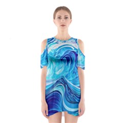 Tsunami Waves Ocean Sea Nautical Nature Abstract Blue Water Shoulder Cutout One Piece Dress