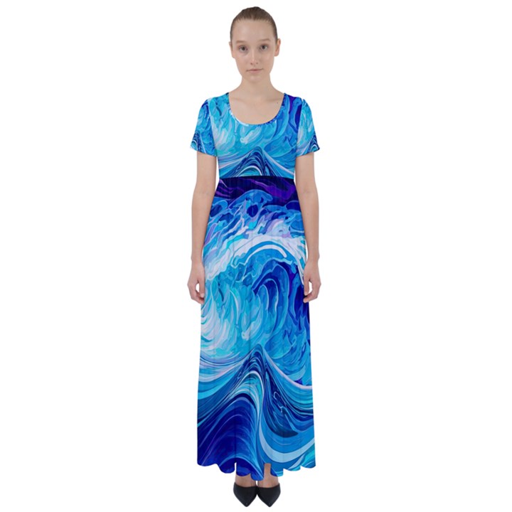 Tsunami Waves Ocean Sea Nautical Nature Abstract Blue Water High Waist Short Sleeve Maxi Dress