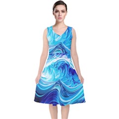 Tsunami Waves Ocean Sea Nautical Nature Abstract Blue Water V-neck Midi Sleeveless Dress  by Jancukart