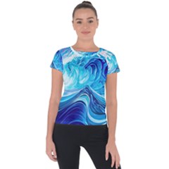 Tsunami Waves Ocean Sea Nautical Nature Abstract Blue Water Short Sleeve Sports Top 